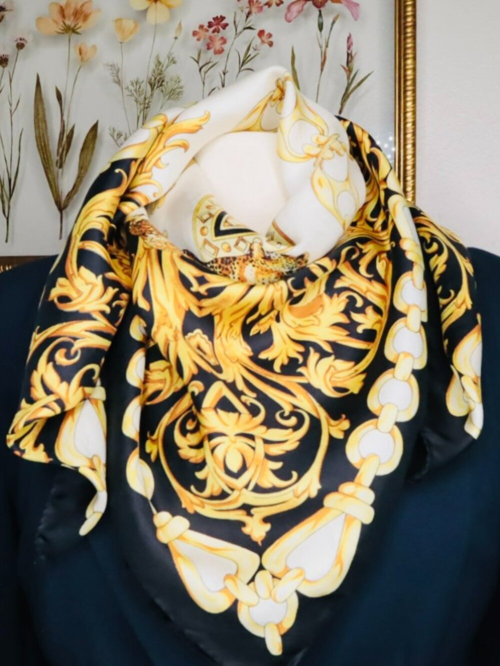 Vintage Albertazzi Silk Scarf Italy Leopard Baroque Chain Print 33” Square